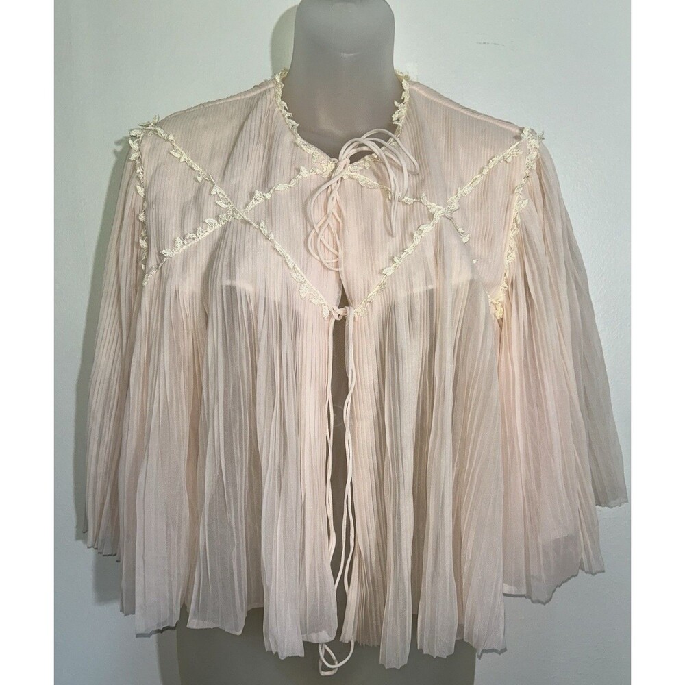 VTG Stella Fagin Pink Chiffon Bed Jacket Peignoir Boudoir Coquette Lace